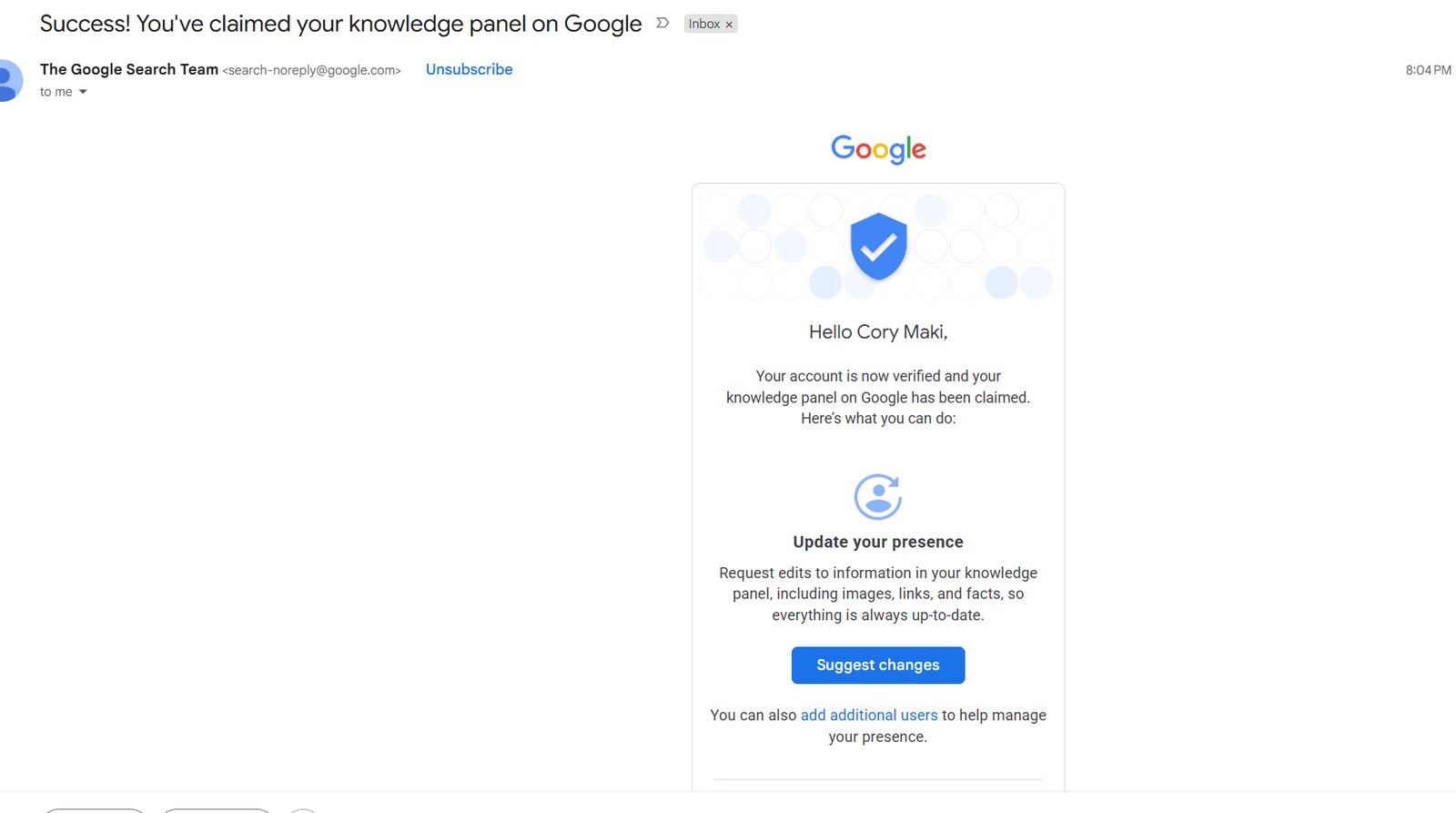 Google email confirming the Knowledge Panel claim was successful and the account is now verified, with a Suggest changes button