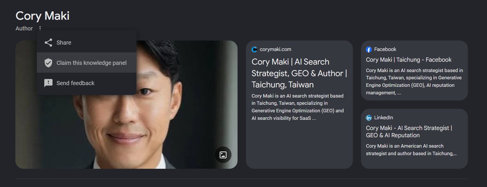 Google Knowledge Panel for a person with the three-dot menu open, showing the Claim this knowledge panel option