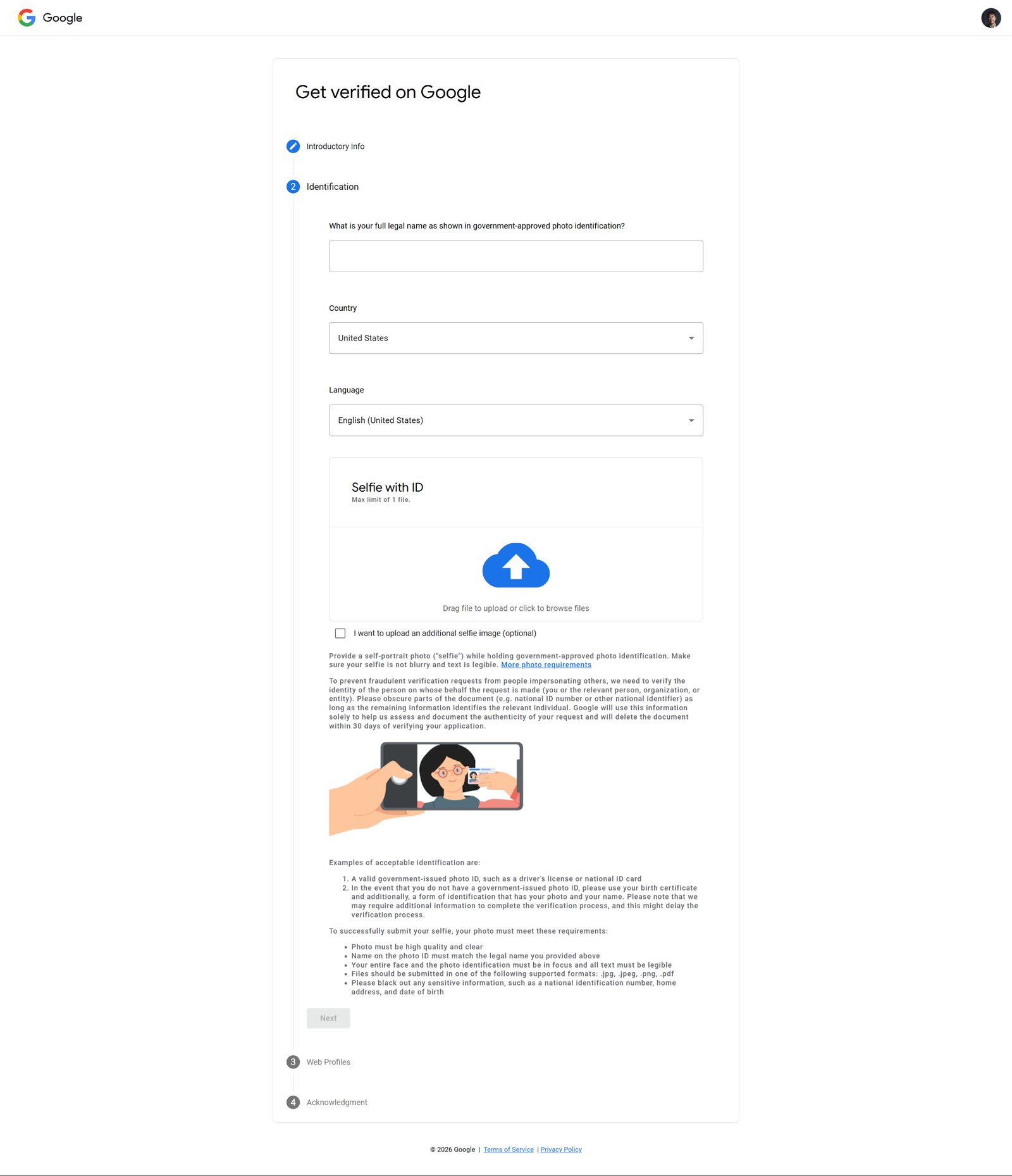 Get verified on Google, Identification step, requesting full legal name, country, and a selfie holding a photo ID