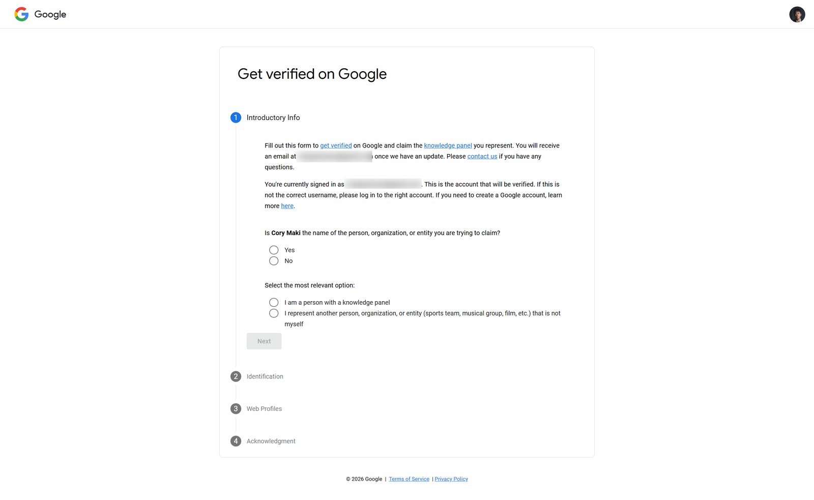 Get verified on Google, Introductory Info step, asking whether the name is the entity you are claiming and to select I am a person with a knowledge panel