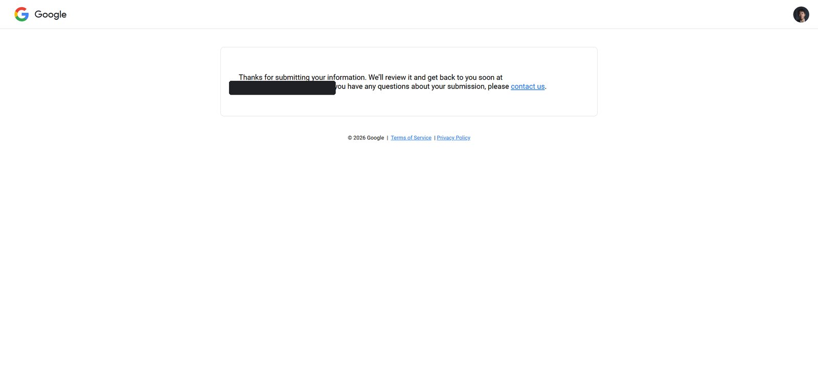 Confirmation screen thanking you for submitting your information for review